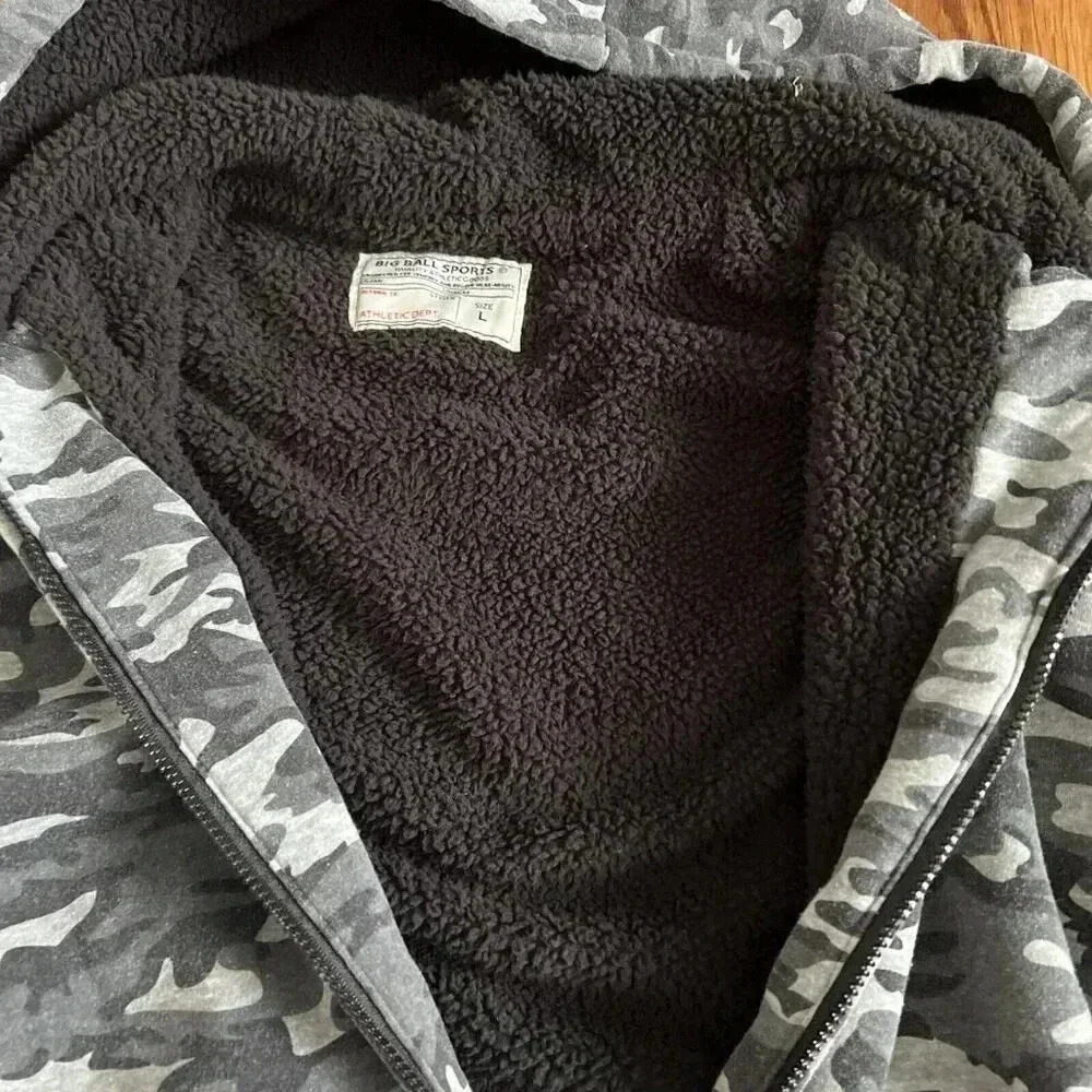 BIG BALL SPORTS Men's Green Sherpa Lined Camo Full Zipper Hooded Jacket Size L - Picture 5 of 7